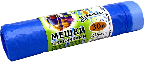 Мешки мусорные ПНД 30л 51x60см (15) С завязкой в рулонах (по 20 шт) (голубой) Идеал (х1/56) [упаковка]